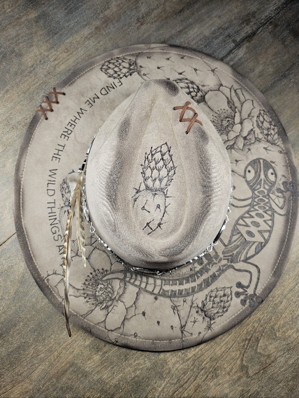 NEW Fedora Cowboy Hat "find me where the wild things are" hand burned w/ cactus
